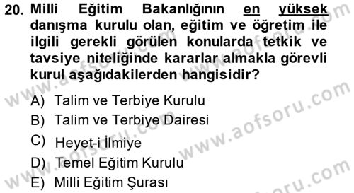 Eğitim Tarihi Dersi 2014 - 2015 Yılı (Final) Dönem Sonu Sınav Soruları 20. Soru
