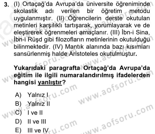 Eğitim Tarihi Dersi 2015 - 2016 Yılı (Vize) Ara Sınav Soruları 3. Soru