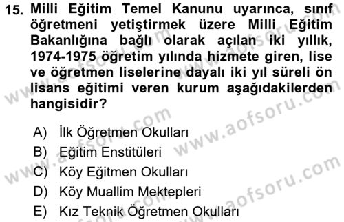 Eğitim Tarihi Dersi 2016 - 2017 Yılı 3 Ders Sınav Soruları 15. Soru