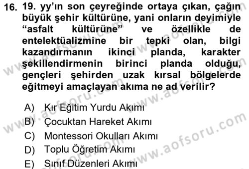 Eğitim Tarihi Dersi 2016 - 2017 Yılı 3 Ders Sınav Soruları 16. Soru