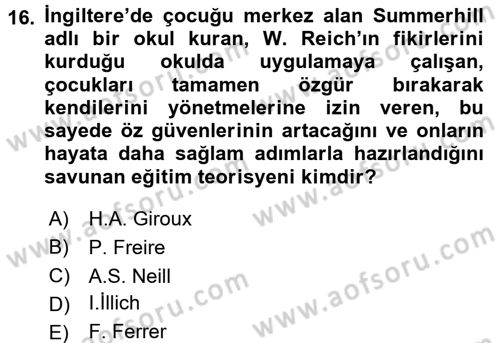 Eğitim Tarihi Dersi 2016 - 2017 Yılı (Final) Dönem Sonu Sınav Soruları 16. Soru