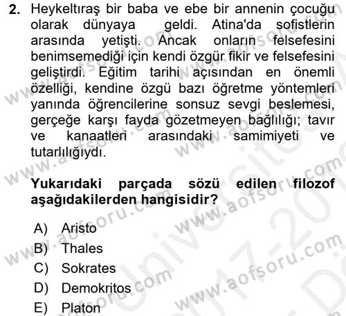 Eğitim Tarihi Dersi 2017 - 2018 Yılı (Vize) Ara Sınav Soruları 2. Soru
