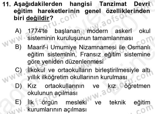 Eğitim Tarihi Dersi 2017 - 2018 Yılı (Final) Dönem Sonu Sınav Soruları 11. Soru