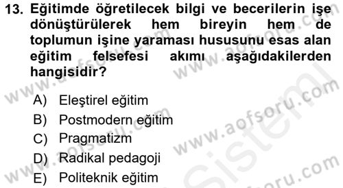 Eğitim Tarihi Dersi 2017 - 2018 Yılı (Final) Dönem Sonu Sınav Soruları 13. Soru