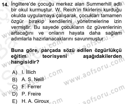 Eğitim Tarihi Dersi 2017 - 2018 Yılı (Final) Dönem Sonu Sınav Soruları 14. Soru