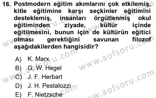Eğitim Tarihi Dersi 2017 - 2018 Yılı (Final) Dönem Sonu Sınav Soruları 16. Soru