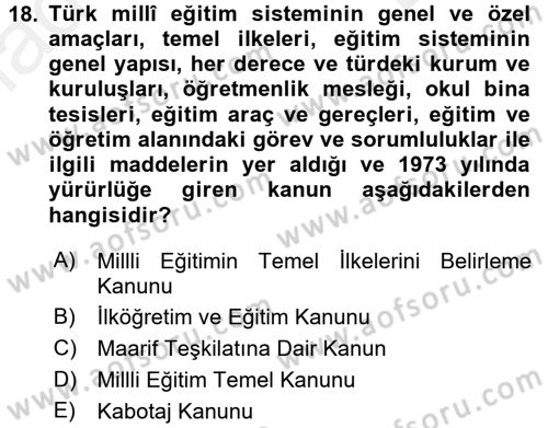 Eğitim Tarihi Dersi 2017 - 2018 Yılı (Final) Dönem Sonu Sınav Soruları 18. Soru