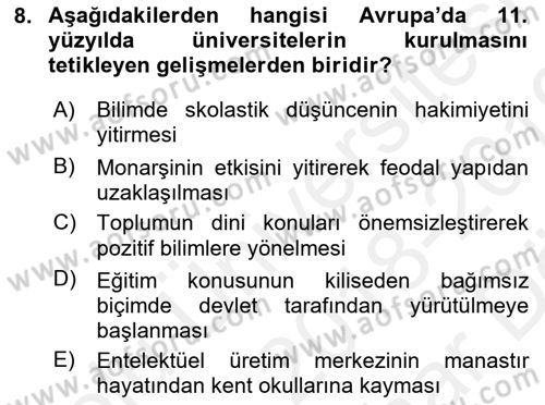 Eğitim Tarihi Dersi 2018 - 2019 Yılı (Vize) Ara Sınav Soruları 8. Soru