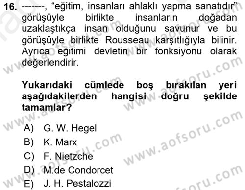 Eğitim Tarihi Dersi 2018 - 2019 Yılı (Final) Dönem Sonu Sınav Soruları 16. Soru