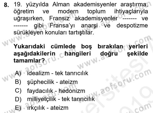 Eğitim Tarihi Dersi 2018 - 2019 Yılı (Final) Dönem Sonu Sınav Soruları 8. Soru