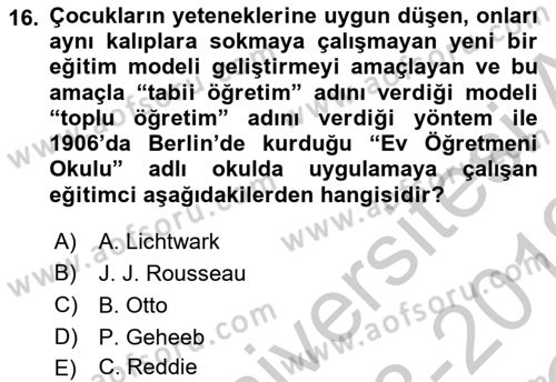 Eğitim Tarihi Dersi 2018 - 2019 Yılı Yaz Okulu Sınav Soruları 16. Soru