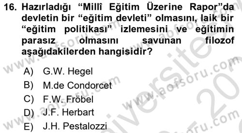 Eğitim Tarihi Dersi 2020 - 2021 Yılı Yaz Okulu Sınav Soruları 16. Soru