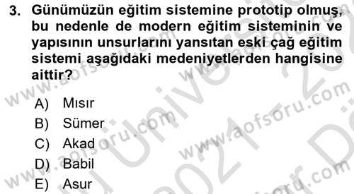 Eğitim Tarihi Dersi 2021 - 2022 Yılı (Vize) Ara Sınav Soruları 3. Soru
