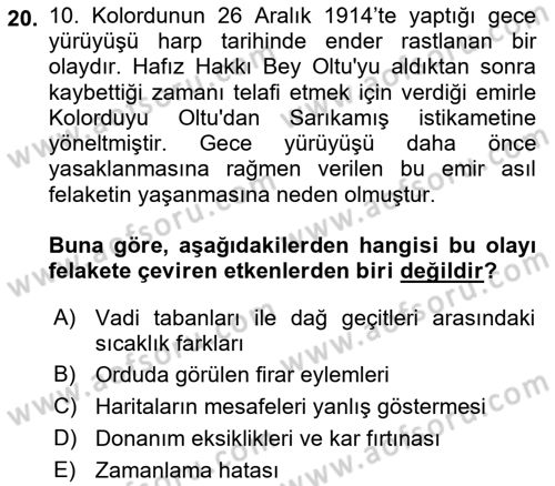 Birinci Dünya Savaşı’nda Türk Cepheleri Dersi 2021 - 2022 Yılı (Vize) Ara Sınav Soruları 20. Soru