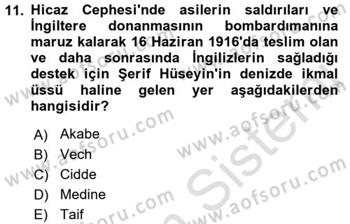 Birinci Dünya Savaşı’nda Türk Cepheleri Dersi 2021 - 2022 Yılı (Final) Dönem Sonu Sınav Soruları 11. Soru