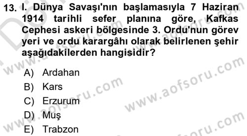 Birinci Dünya Savaşı’nda Türk Cepheleri Dersi 2021 - 2022 Yılı (Final) Dönem Sonu Sınav Soruları 13. Soru