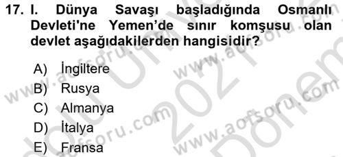 Birinci Dünya Savaşı’nda Türk Cepheleri Dersi 2021 - 2022 Yılı (Final) Dönem Sonu Sınav Soruları 17. Soru