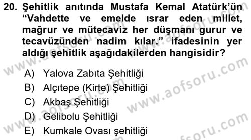 Birinci Dünya Savaşı’nda Türk Cepheleri Dersi 2021 - 2022 Yılı (Final) Dönem Sonu Sınav Soruları 20. Soru