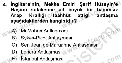 Birinci Dünya Savaşı’nda Türk Cepheleri Dersi 2021 - 2022 Yılı (Final) Dönem Sonu Sınav Soruları 4. Soru