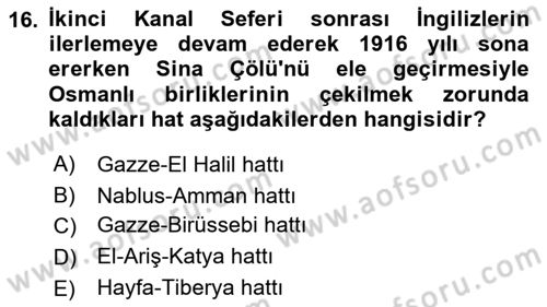 Birinci Dünya Savaşı’nda Türk Cepheleri Dersi 2021 - 2022 Yılı Yaz Okulu Sınav Soruları 16. Soru