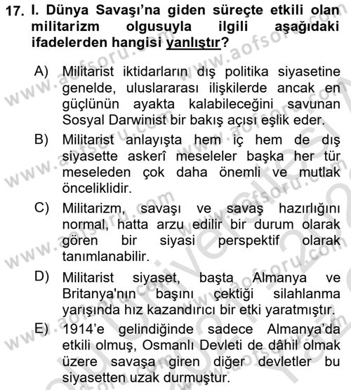 Birinci Dünya Savaşı’nda Türk Cepheleri Dersi 2021 - 2022 Yılı Yaz Okulu Sınav Soruları 17. Soru
