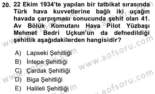 Birinci Dünya Savaşı’nda Türk Cepheleri Dersi 2021 - 2022 Yılı Yaz Okulu Sınav Soruları 20. Soru