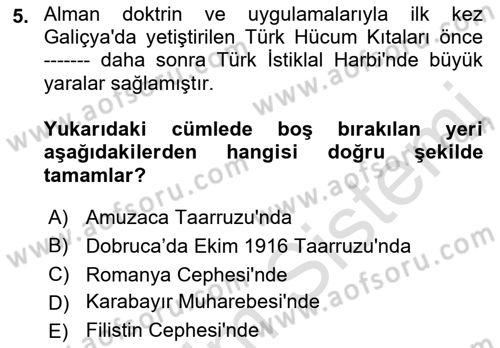 Birinci Dünya Savaşı’nda Türk Cepheleri Dersi 2021 - 2022 Yılı Yaz Okulu Sınav Soruları 5. Soru