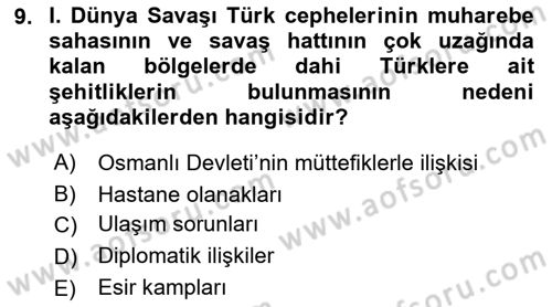 Birinci Dünya Savaşı’nda Türk Cepheleri Dersi 2021 - 2022 Yılı Yaz Okulu Sınav Soruları 9. Soru
