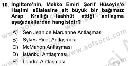 Birinci Dünya Savaşı’nda Türk Cepheleri Dersi 2022 - 2023 Yılı Yaz Okulu Sınav Soruları 10. Soru