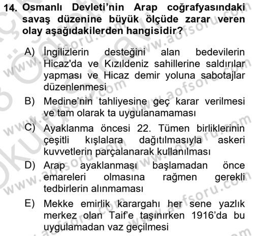Birinci Dünya Savaşı’nda Türk Cepheleri Dersi 2022 - 2023 Yılı Yaz Okulu Sınav Soruları 14. Soru