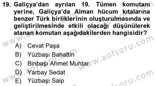 Birinci Dünya Savaşı’nda Türk Cepheleri Dersi 2022 - 2023 Yılı Yaz Okulu Sınav Soruları 19. Soru
