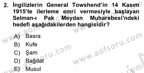 Birinci Dünya Savaşı’nda Türk Cepheleri Dersi 2022 - 2023 Yılı Yaz Okulu Sınav Soruları 2. Soru