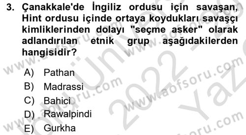Birinci Dünya Savaşı’nda Türk Cepheleri Dersi 2022 - 2023 Yılı Yaz Okulu Sınav Soruları 3. Soru
