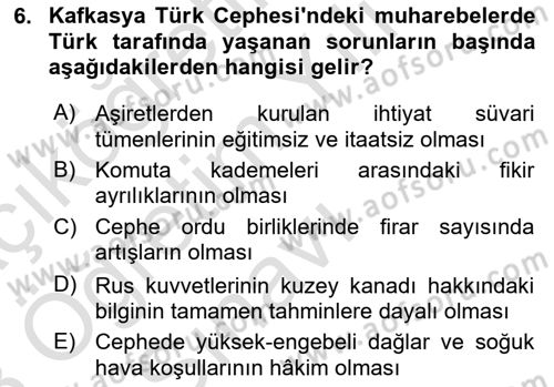 Birinci Dünya Savaşı’nda Türk Cepheleri Dersi 2022 - 2023 Yılı Yaz Okulu Sınav Soruları 6. Soru