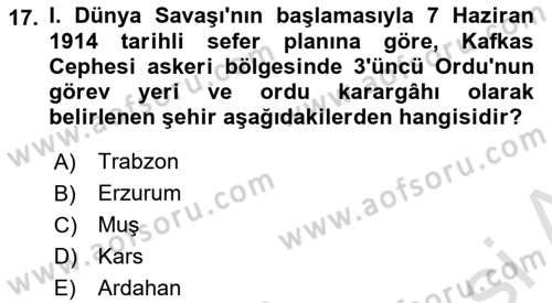 Birinci Dünya Savaşı’nda Türk Cepheleri Dersi 2023 - 2024 Yılı (Vize) Ara Sınavı 17. Soru