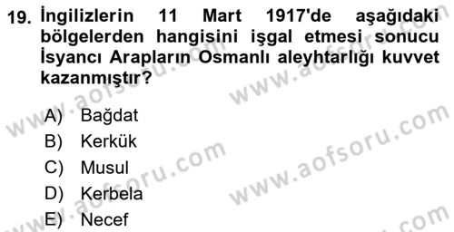 Birinci Dünya Savaşı’nda Türk Cepheleri Dersi 2023 - 2024 Yılı (Vize) Ara Sınavı 19. Soru