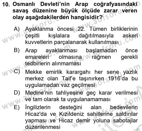 Birinci Dünya Savaşı’nda Türk Cepheleri Dersi 2023 - 2024 Yılı (Final) Dönem Sonu Sınav Soruları 10. Soru