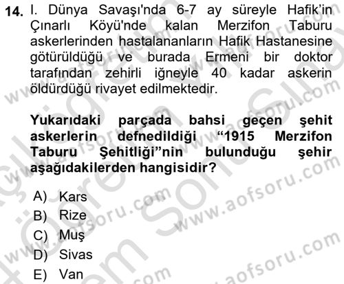 Birinci Dünya Savaşı’nda Türk Cepheleri Dersi 2023 - 2024 Yılı (Final) Dönem Sonu Sınav Soruları 14. Soru