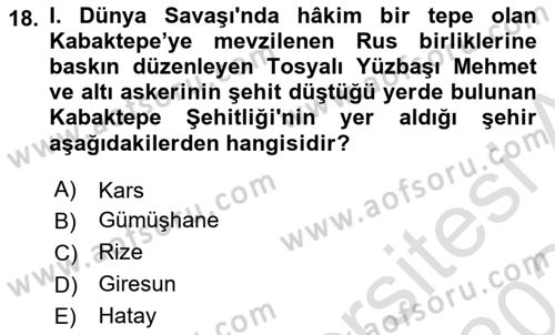 Birinci Dünya Savaşı’nda Türk Cepheleri Dersi 2023 - 2024 Yılı (Final) Dönem Sonu Sınavı 18. Soru