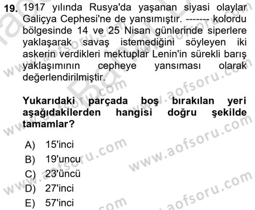 Birinci Dünya Savaşı’nda Türk Cepheleri Dersi 2023 - 2024 Yılı (Final) Dönem Sonu Sınav Soruları 19. Soru