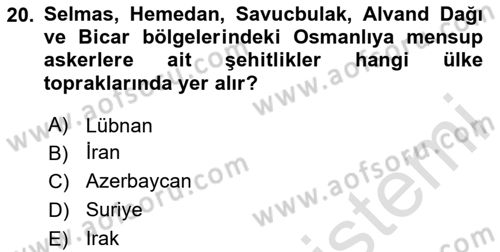 Birinci Dünya Savaşı’nda Türk Cepheleri Dersi 2023 - 2024 Yılı (Final) Dönem Sonu Sınav Soruları 20. Soru