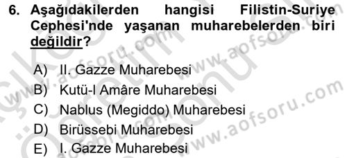 Birinci Dünya Savaşı’nda Türk Cepheleri Dersi 2023 - 2024 Yılı (Final) Dönem Sonu Sınav Soruları 6. Soru