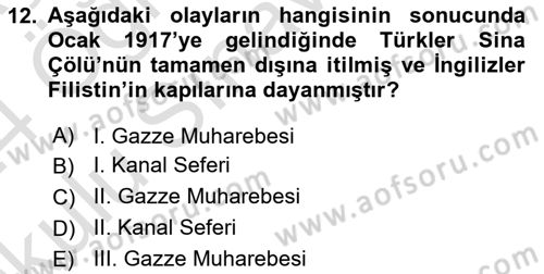 Birinci Dünya Savaşı’nda Türk Cepheleri Dersi 2023 - 2024 Yılı Yaz Okulu Sınav Soruları 12. Soru
