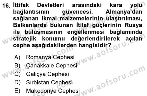 Birinci Dünya Savaşı’nda Türk Cepheleri Dersi 2023 - 2024 Yılı Yaz Okulu Sınav Soruları 16. Soru