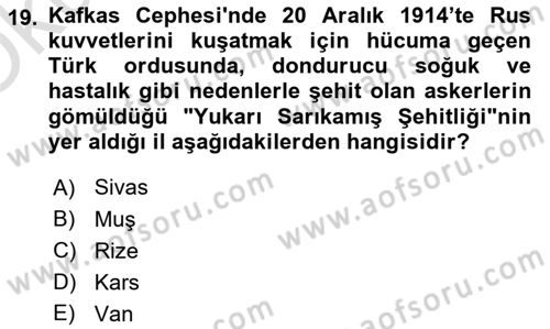 Birinci Dünya Savaşı’nda Türk Cepheleri Dersi 2023 - 2024 Yılı Yaz Okulu Sınav Soruları 19. Soru