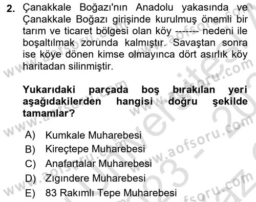Birinci Dünya Savaşı’nda Türk Cepheleri Dersi 2023 - 2024 Yılı Yaz Okulu Sınav Soruları 2. Soru
