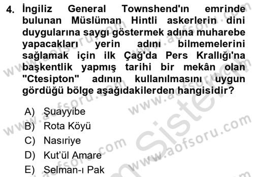 Birinci Dünya Savaşı’nda Türk Cepheleri Dersi 2023 - 2024 Yılı Yaz Okulu Sınav Soruları 4. Soru