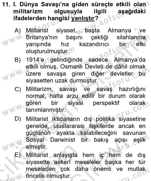 Birinci Dünya Savaşı’nda Türk Cepheleri Dersi 2024 - 2025 Yılı (Vize) Ara Sınav Soruları 11. Soru