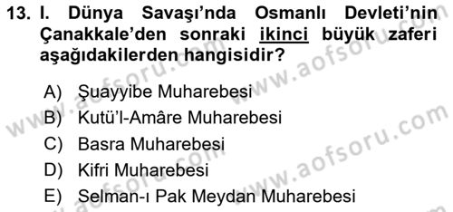 Birinci Dünya Savaşı’nda Türk Cepheleri Dersi 2024 - 2025 Yılı (Vize) Ara Sınav Soruları 13. Soru