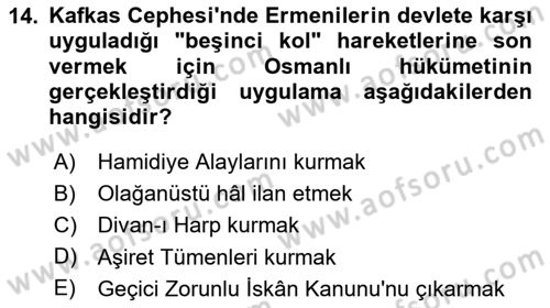 Birinci Dünya Savaşı’nda Türk Cepheleri Dersi 2024 - 2025 Yılı (Vize) Ara Sınav Soruları 14. Soru